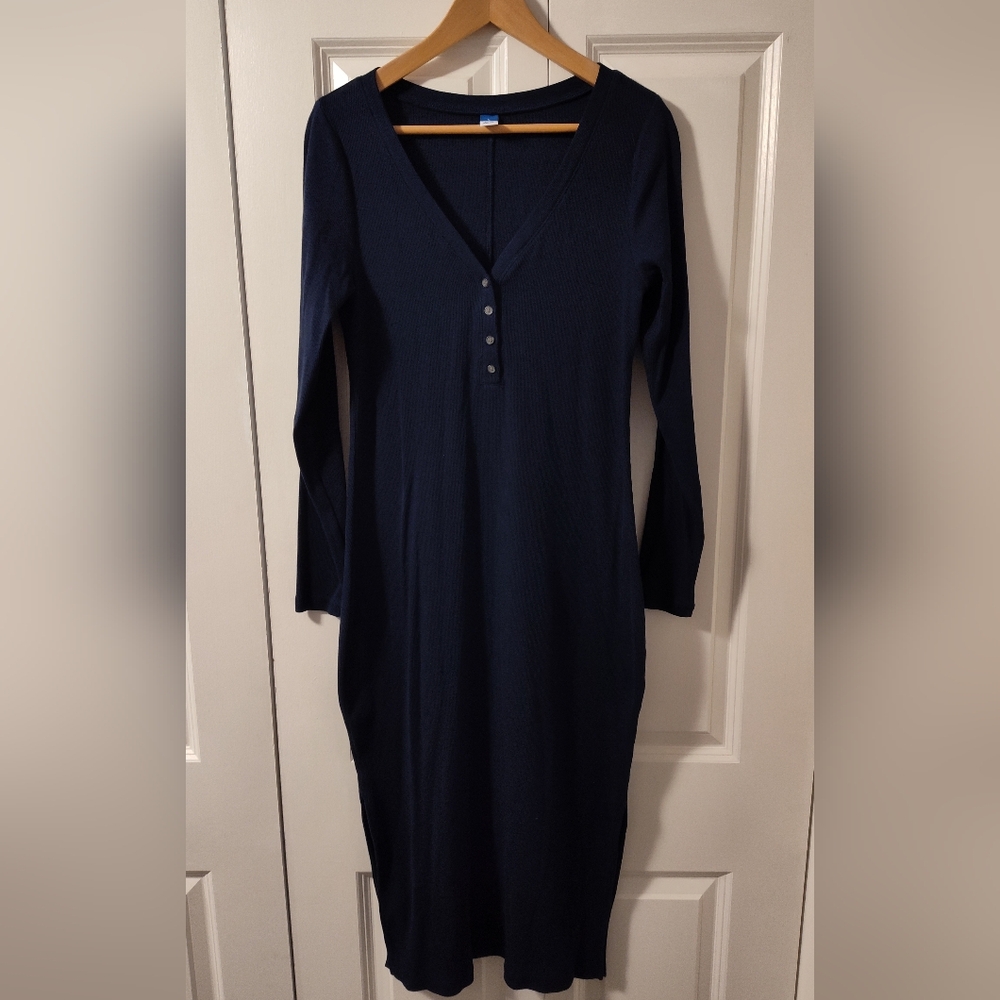 OLD NAVY Rib-Knit Henley Midi Dress (Large, In The Navy)